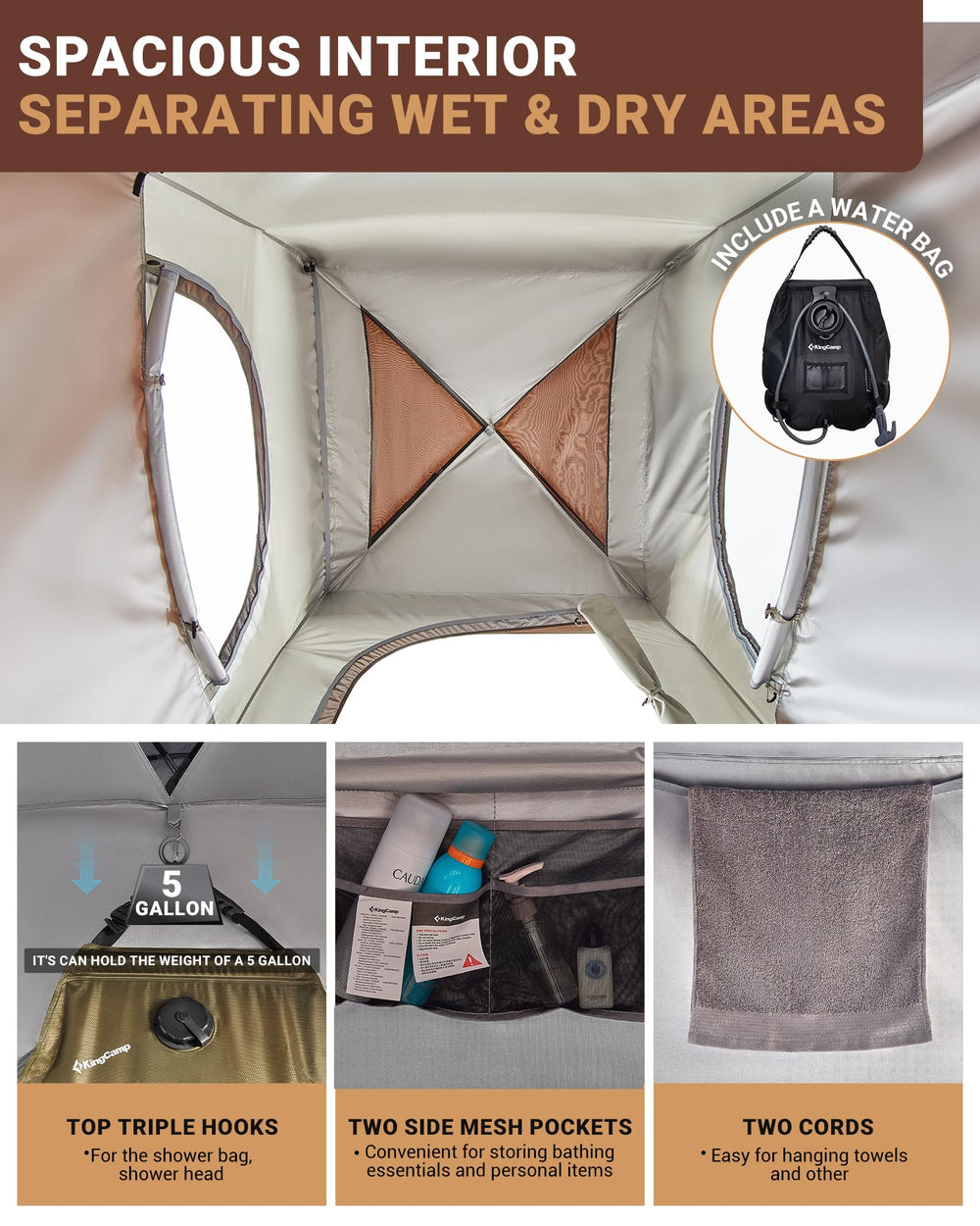 KingCamp closed front demonstrating full privacy and light-blocking fabric