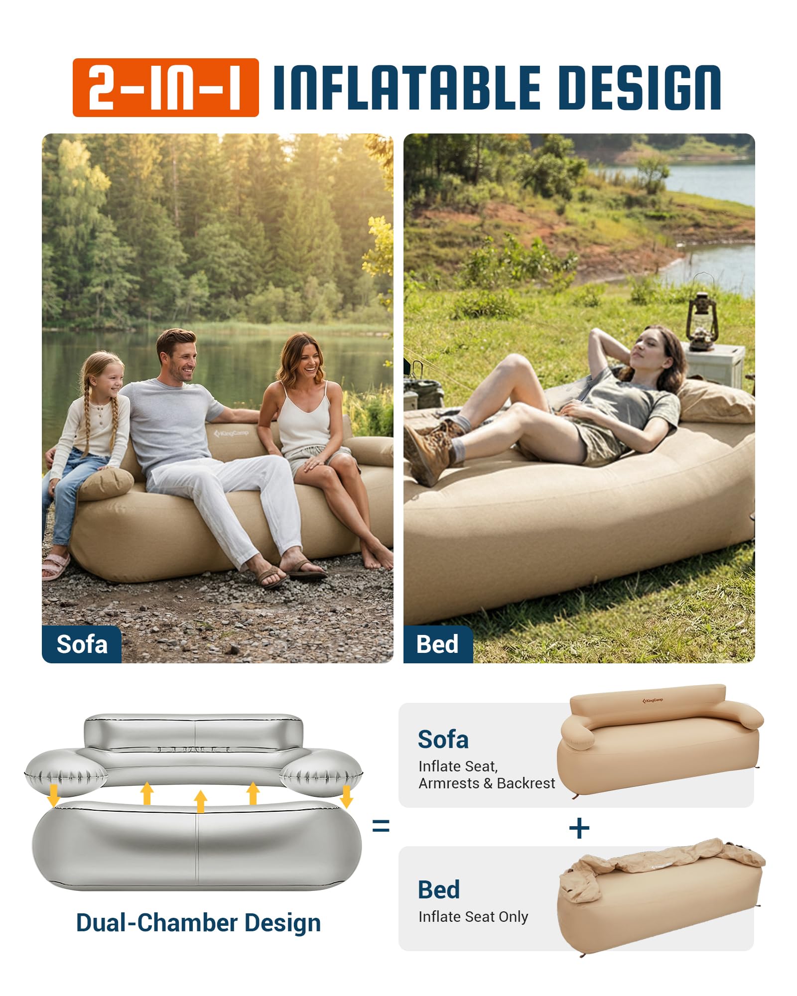 KingCamp foot pump being used to inflate the couch without electricity
