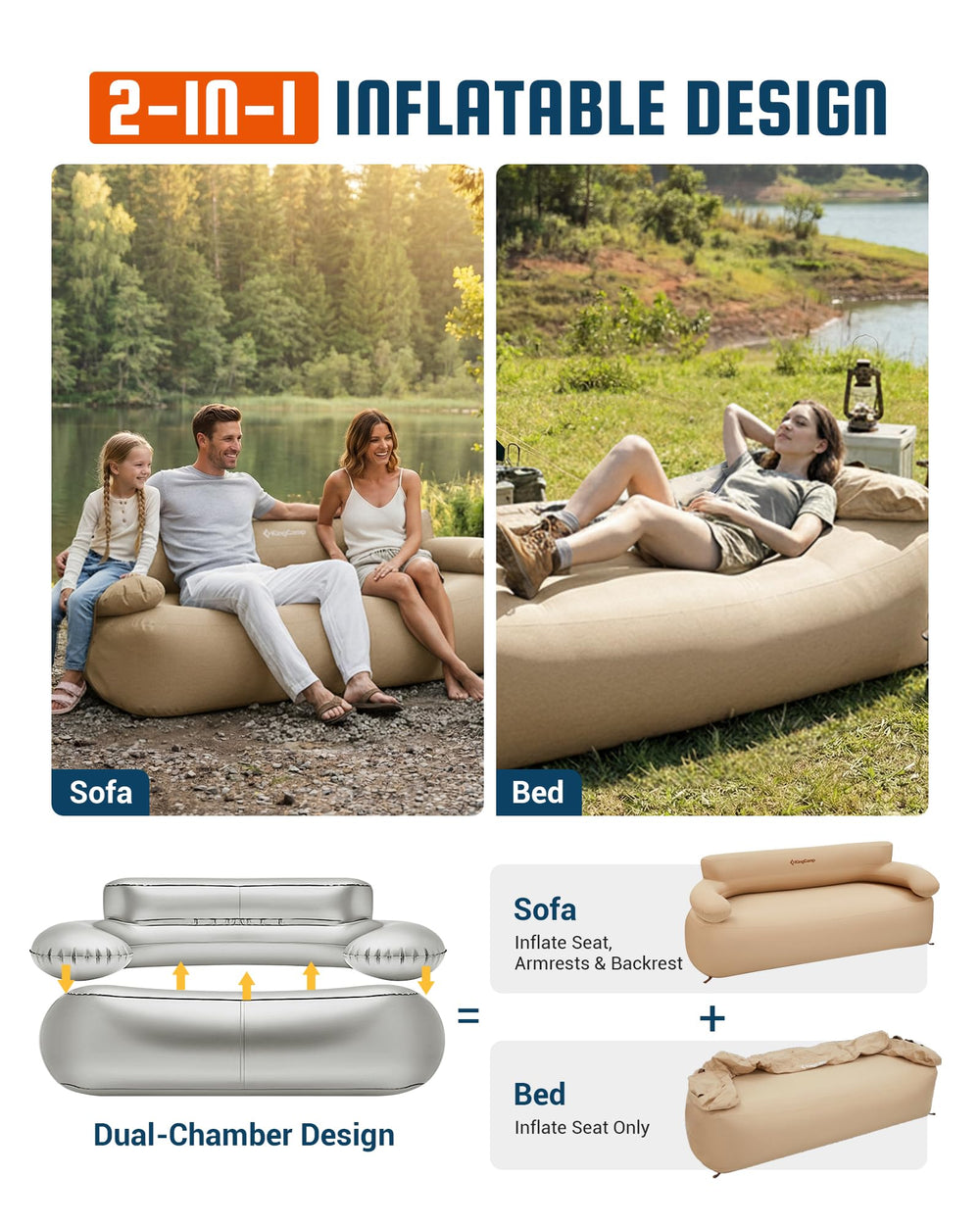 KingCamp foot pump being used to inflate the couch without electricity