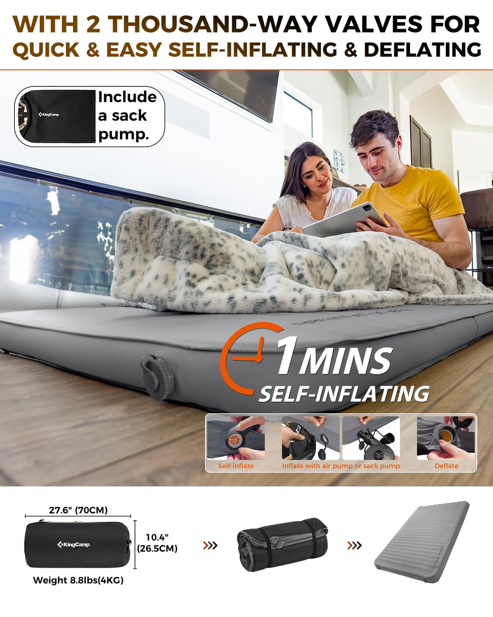KingCamp mattress side profile showing three-inch thickness for cushioned support and ground separation