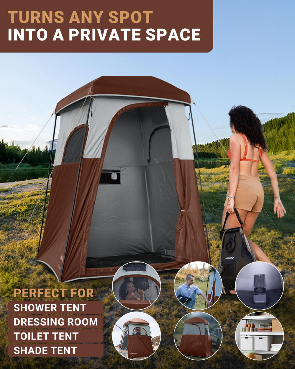 KingCamp shown next to a person to convey roomy height and scale