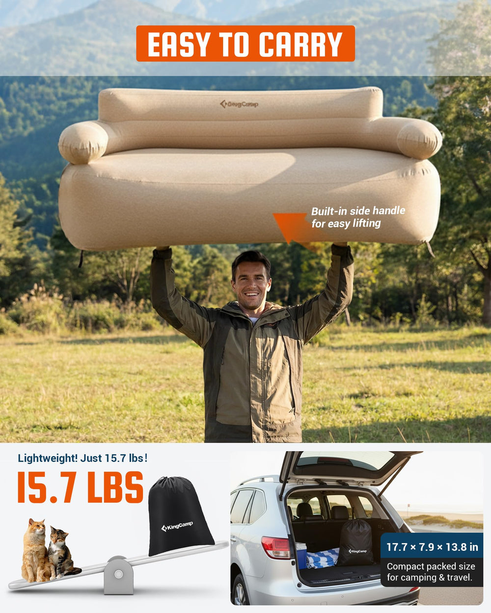 KingCamp size comparison with backpack illustrating packable, travel-ready design