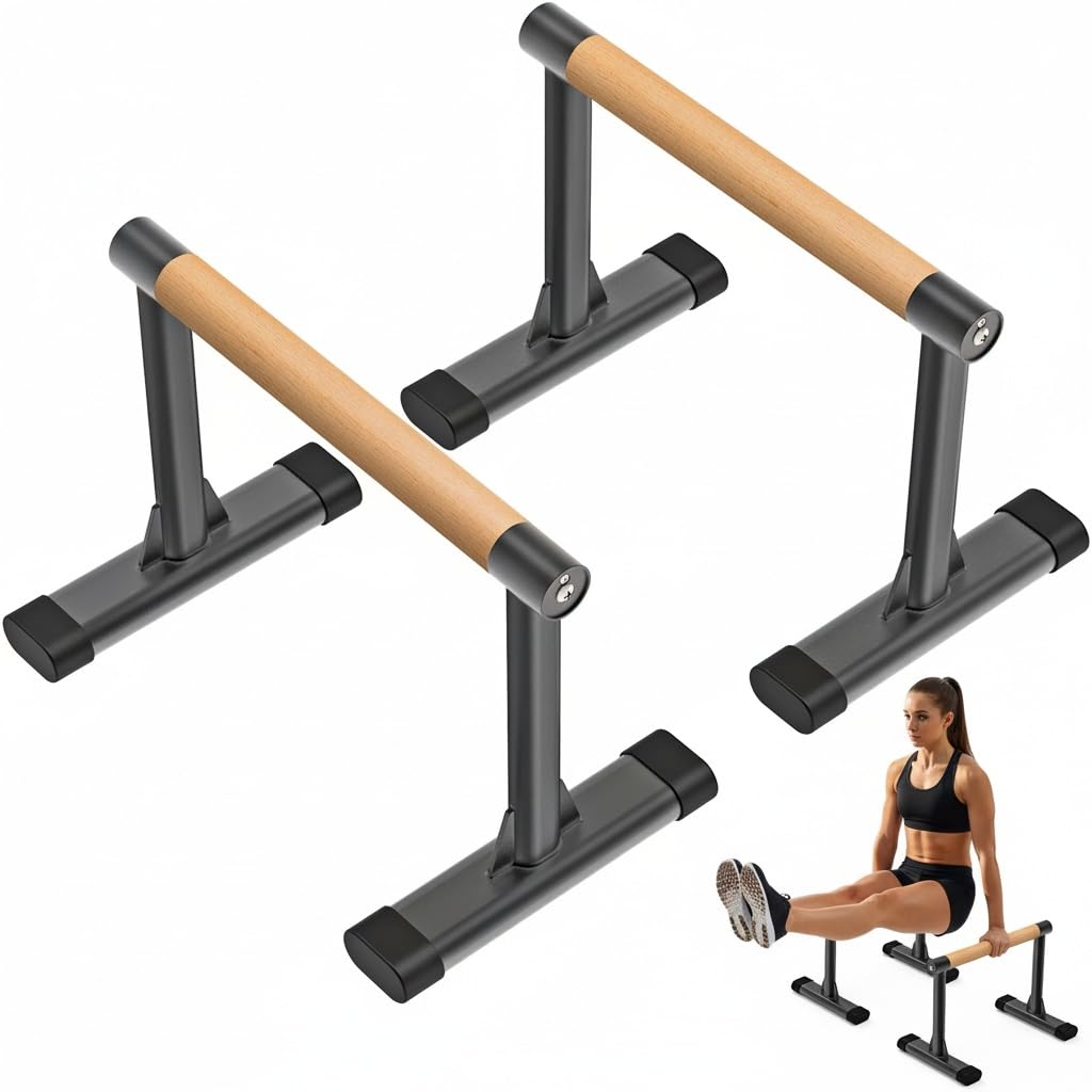 Kipika parallette bars front view showing sturdy alloy frame and wood handles benefit stability