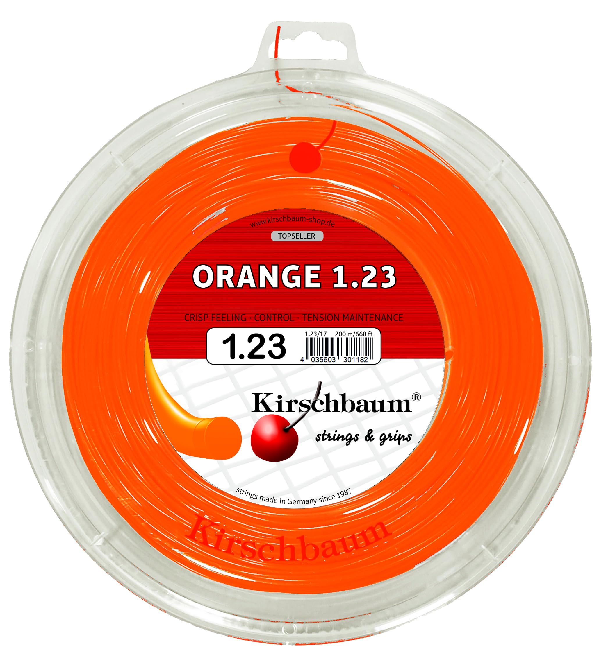 Kirschbaum reel front packaging showing orange polyester and brand benefit
