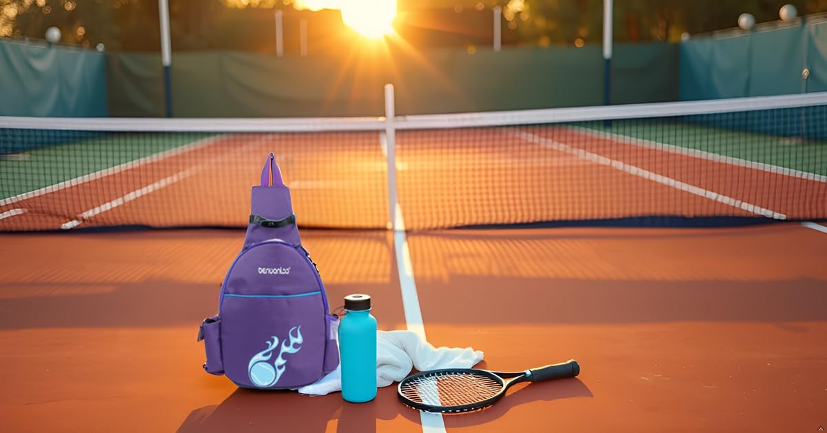 Klau lifestyle image over shoulder at tennis court showing hands-free convenience