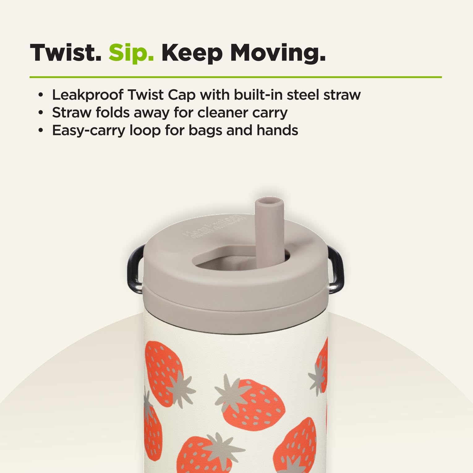 Klean Kanteen held in hand showing 12 oz scale and easy carry convenience