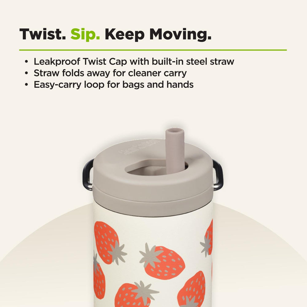 Klean Kanteen held in hand showing 12 oz scale and easy carry convenience