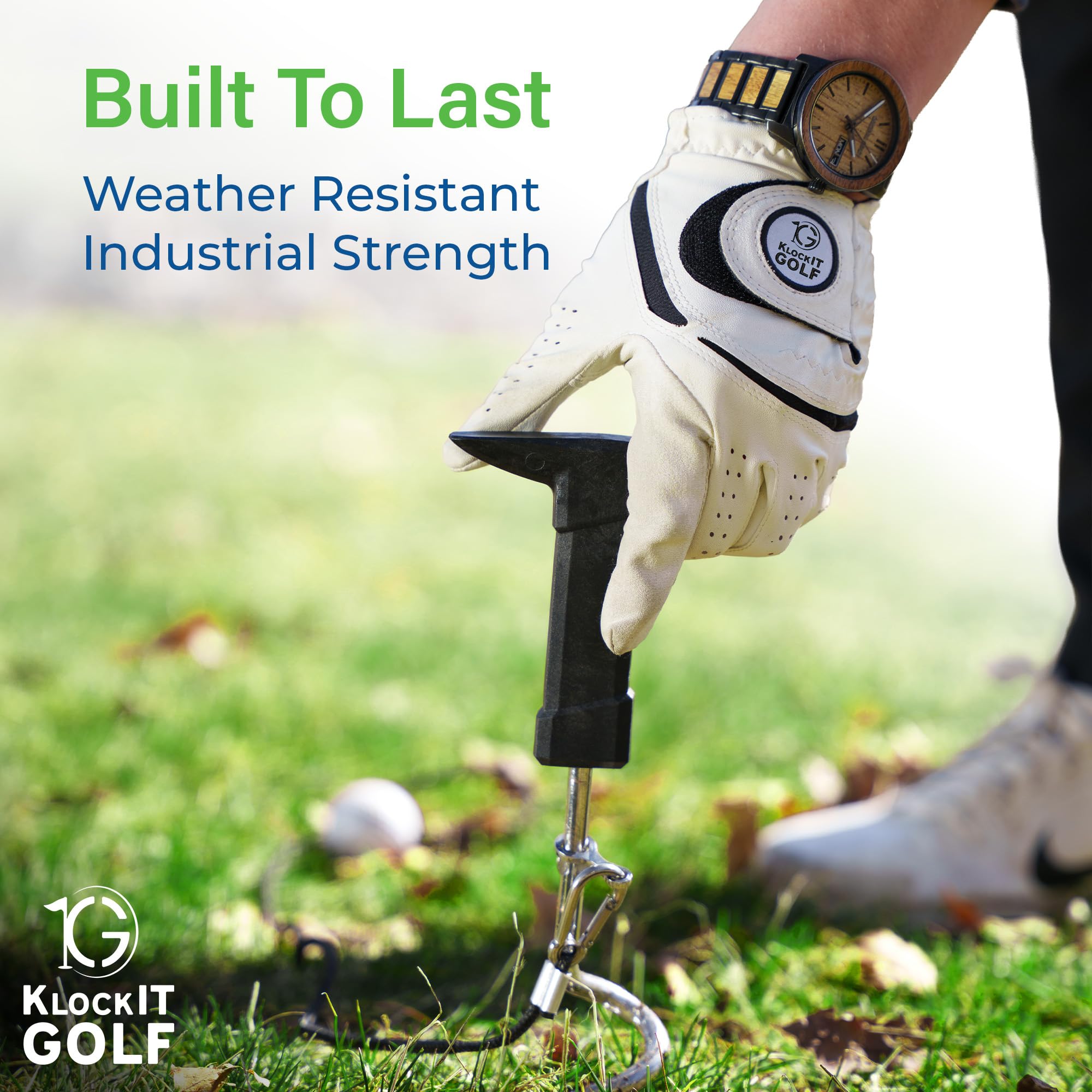 KLOCKITGOLF trainer next to a golf club showing compact portable size