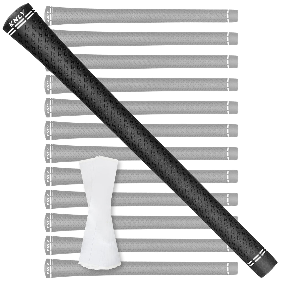 KNLY front packaging showing full 13-grip kit and included tapes for easy regrip