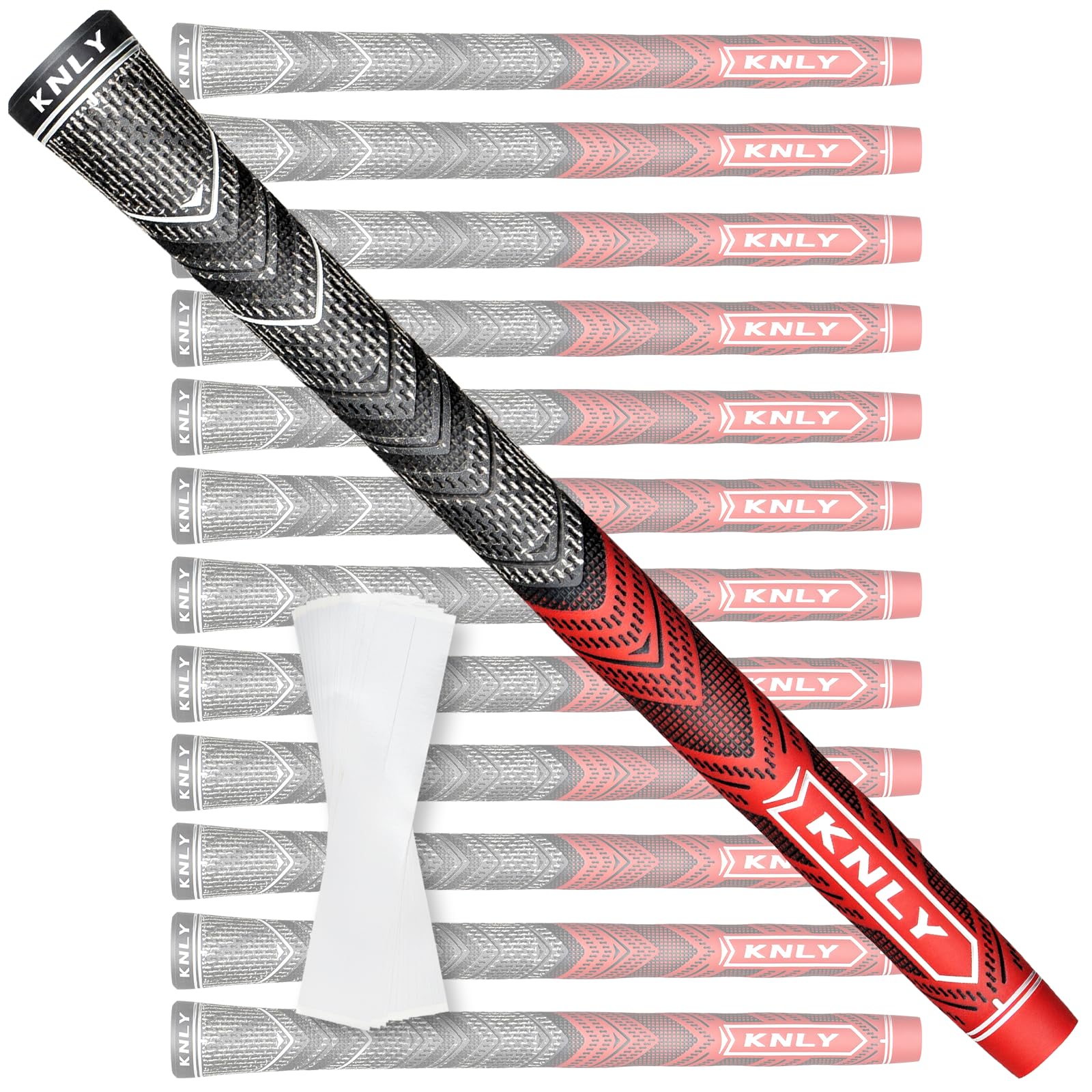 KNLY front packaging showing 13 grips and two spare tapes, clear kit benefit