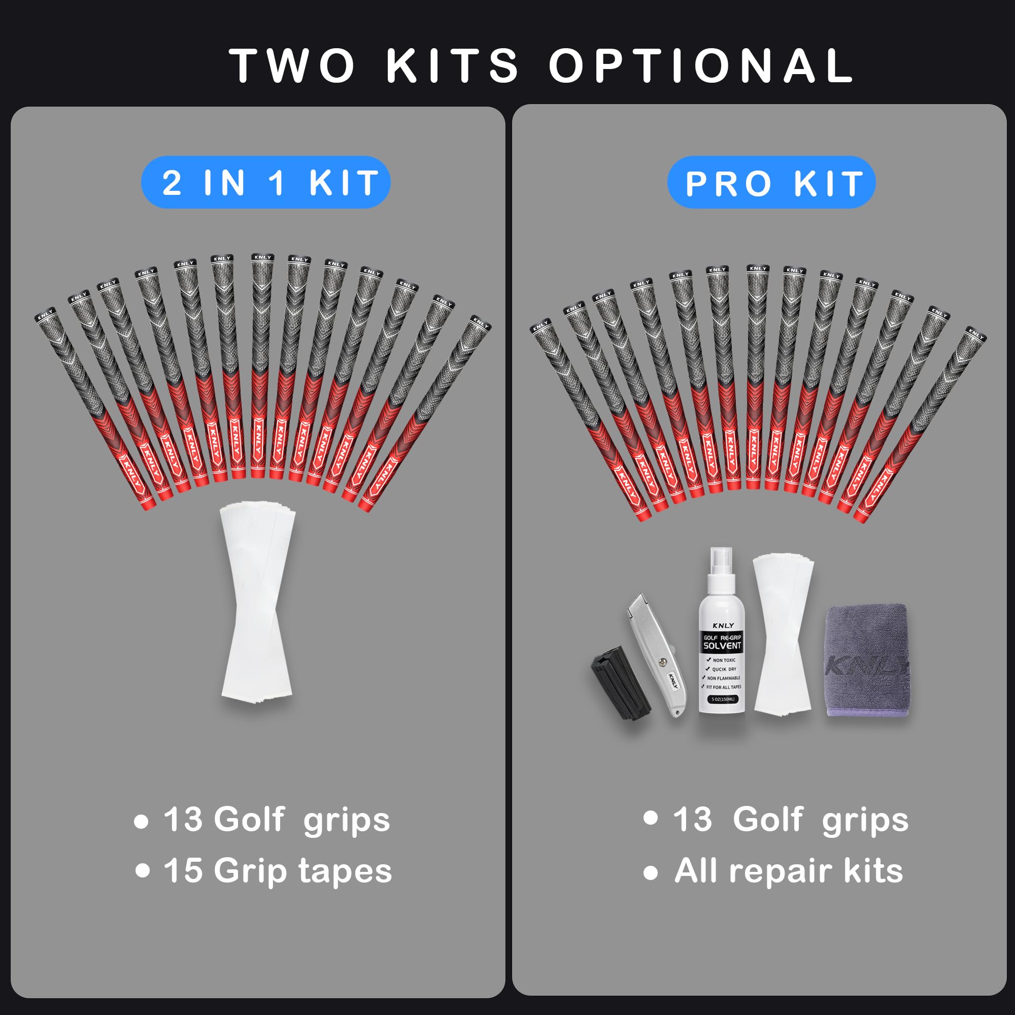 KNLY repair kit and 15 tapes displayed for easy regrip and maintenance