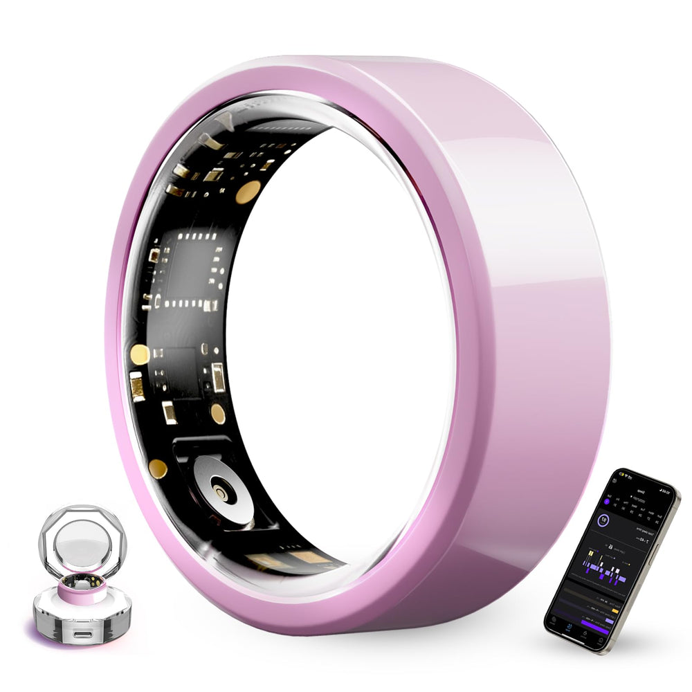 Koepovk pink smart ring front view showing elegant ceramic finish and wearable tech benefits