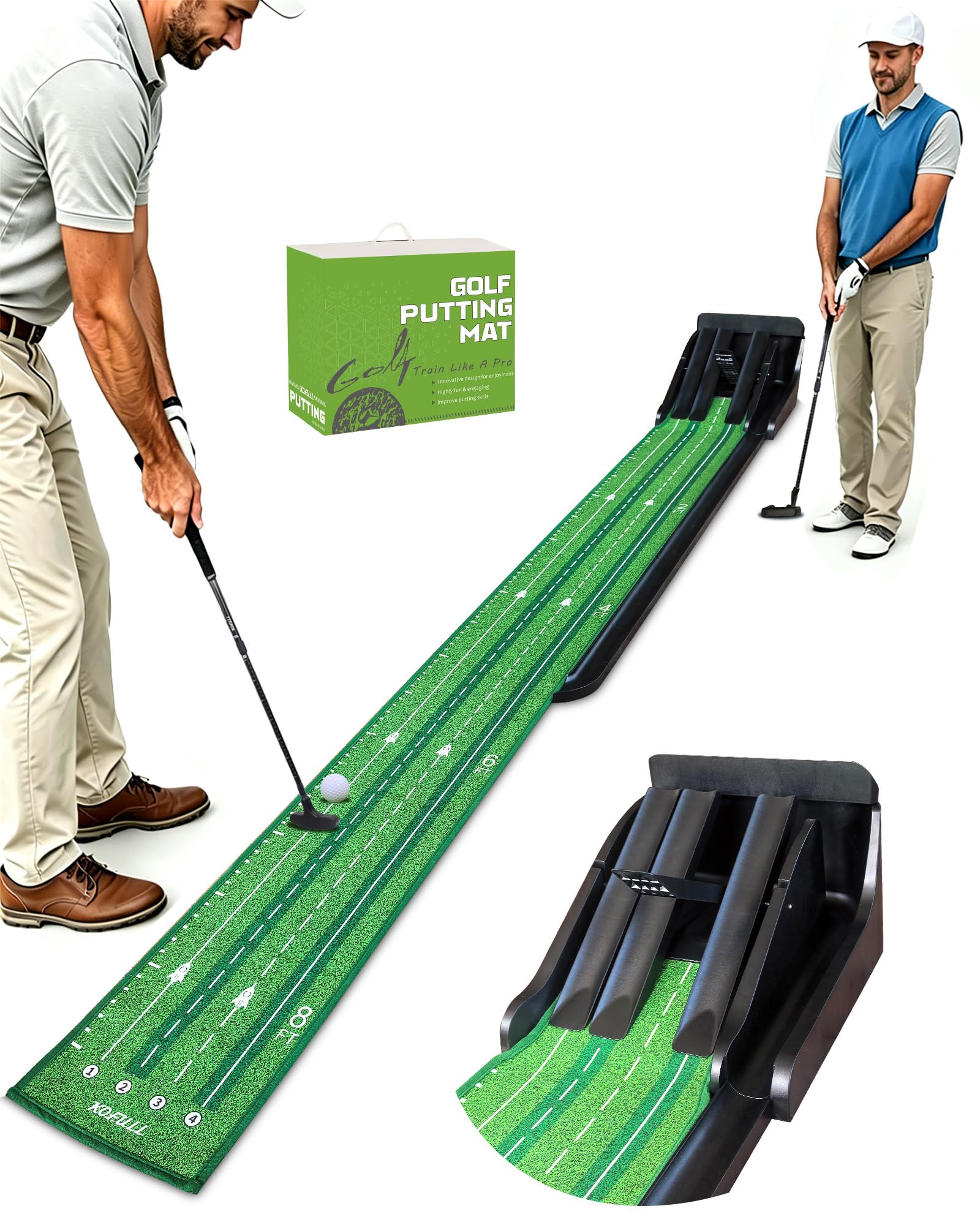 KOFULL putting green front view showing full 8ft layout and benefits