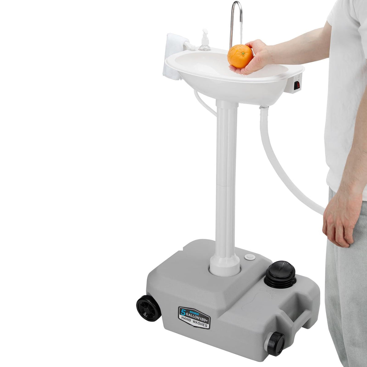 Kohree front view of portable sink showing controls and mobility benefit