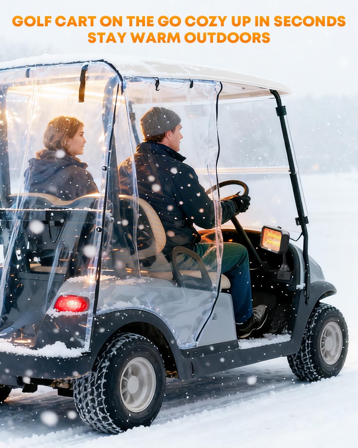 Kohree heater in a winter driving scene emphasizing safe propane-free heat