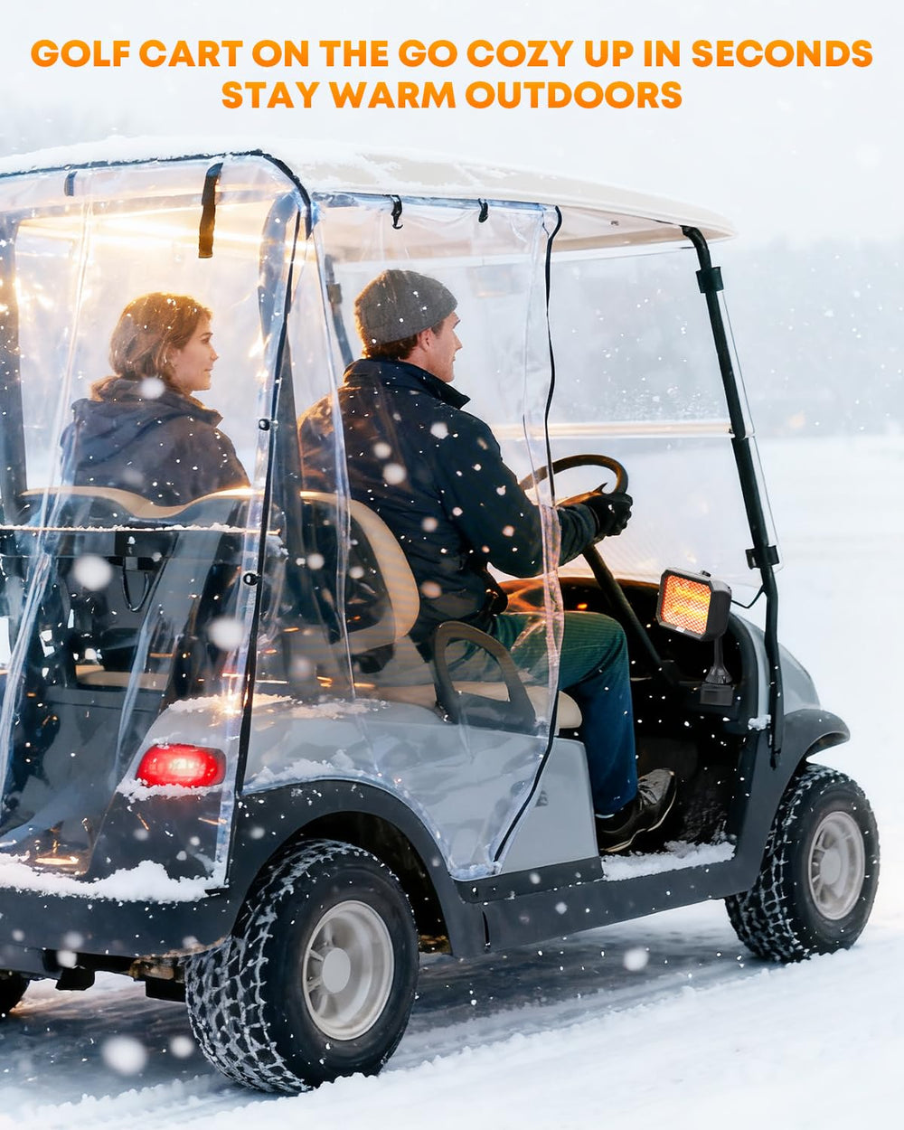 Kohree heater in a winter driving scene emphasizing safe propane-free heat