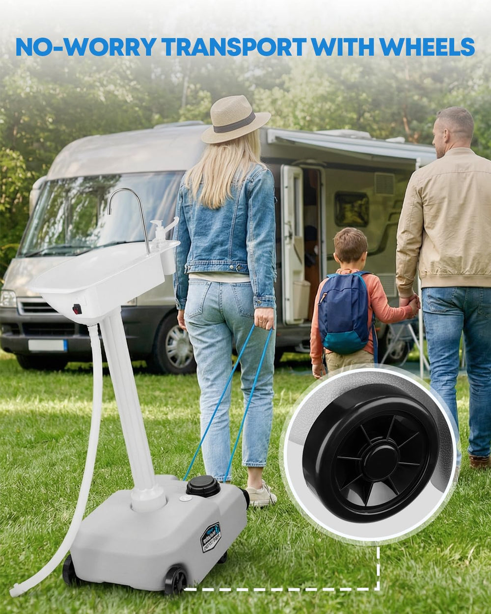 Kohree sink being rolled across grass showing easy transport benefit