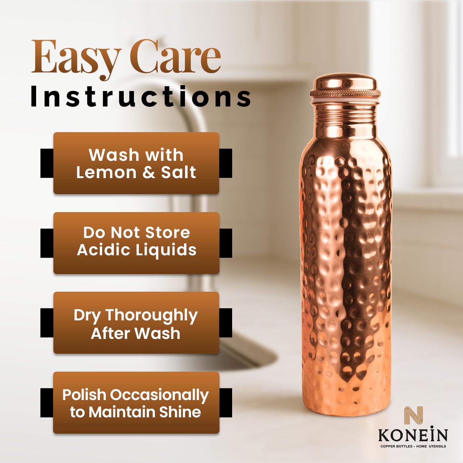 KONEIN bottle next to glass on table illustrating daily serving convenience