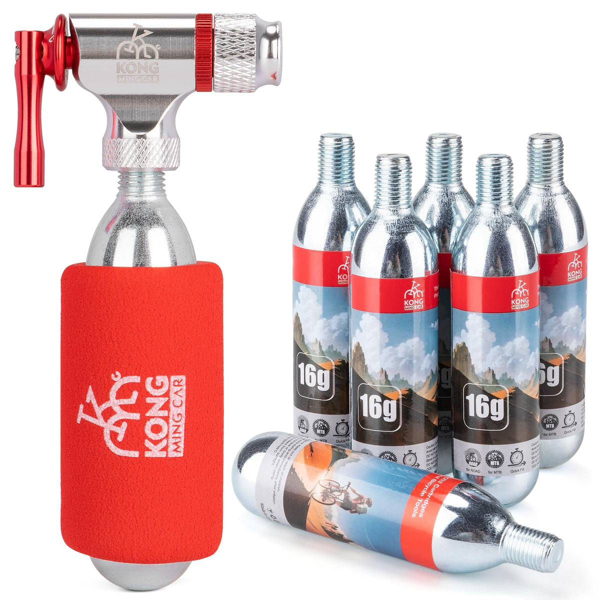 KONG MING CAR inflator front view showing compact aluminum head and control valve benefit rapid inflation