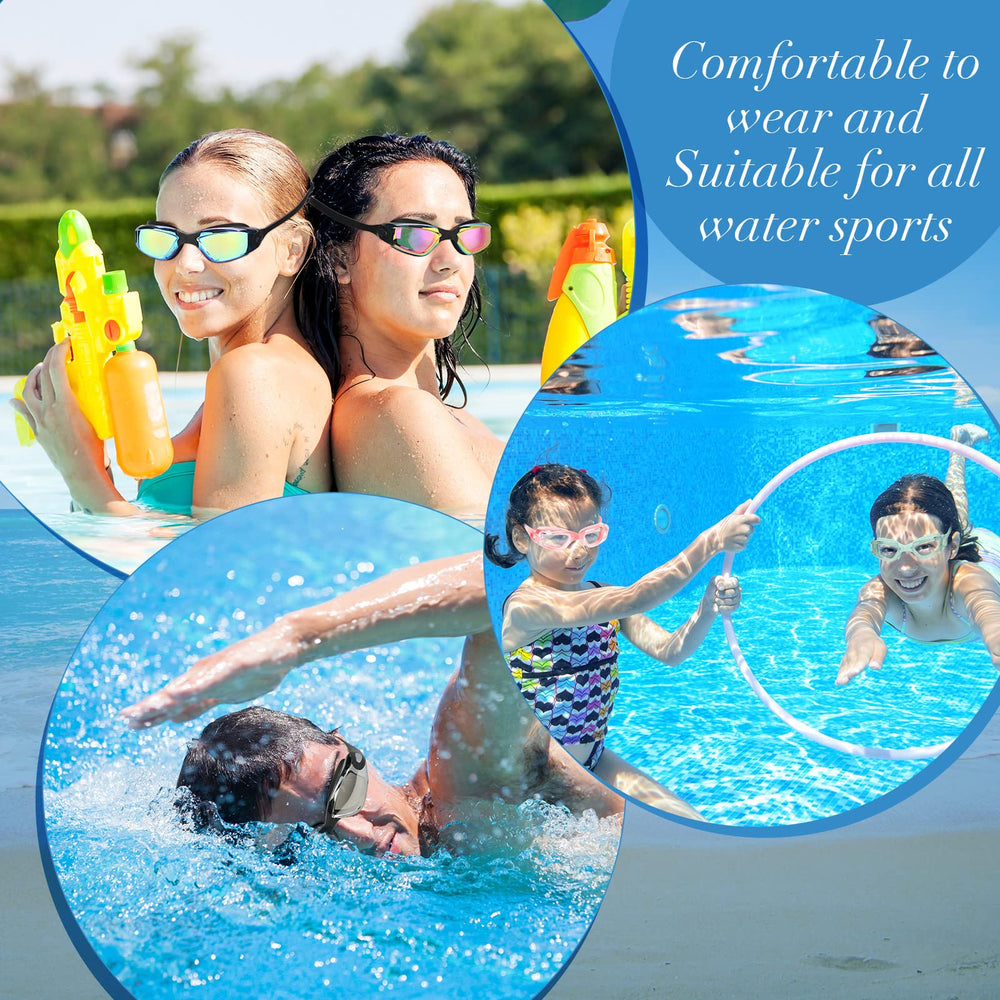Konohan lifestyle family pool scene with kids and adults wearing goggles enjoying safe swimming