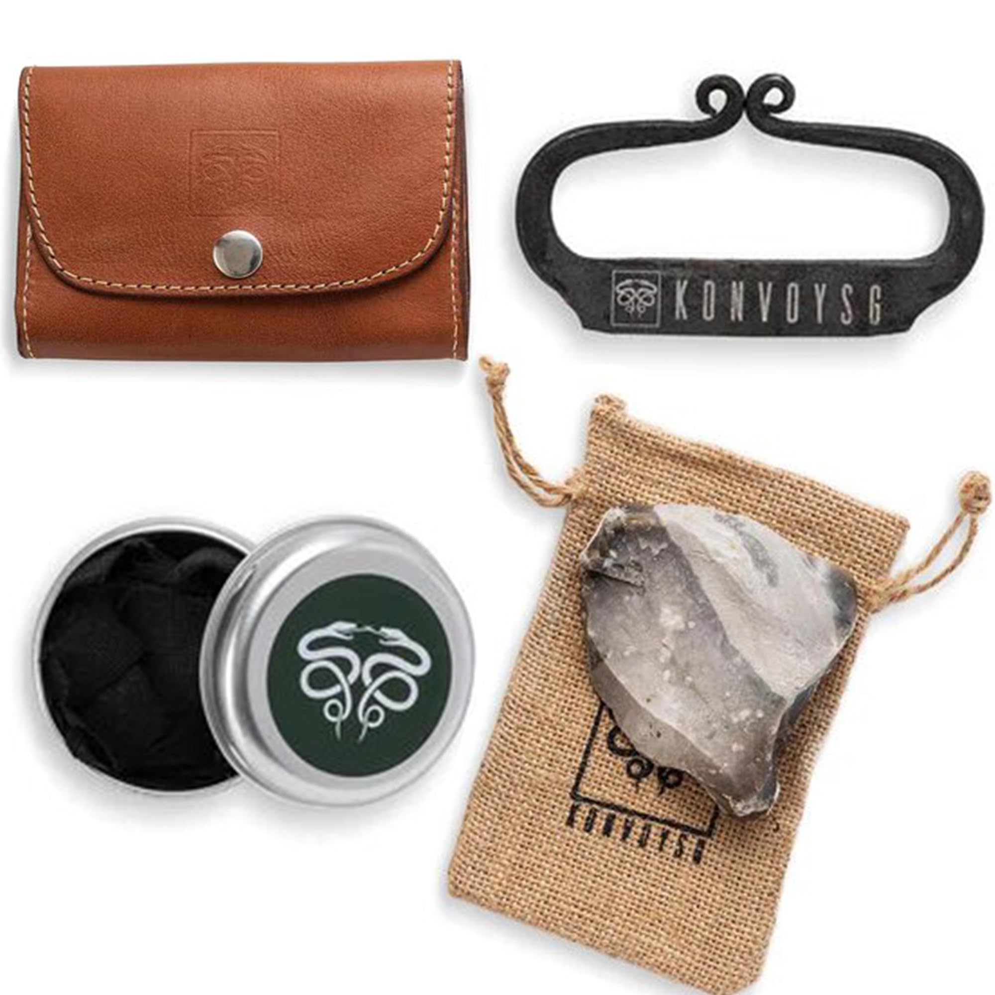 KonvoySG pouch front view showing durable coyote brown leather and secure closure benefit