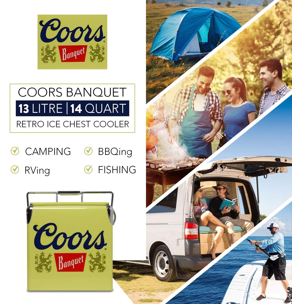 Koolatron Coors beside stacked cans showing 18-can capacity for outings