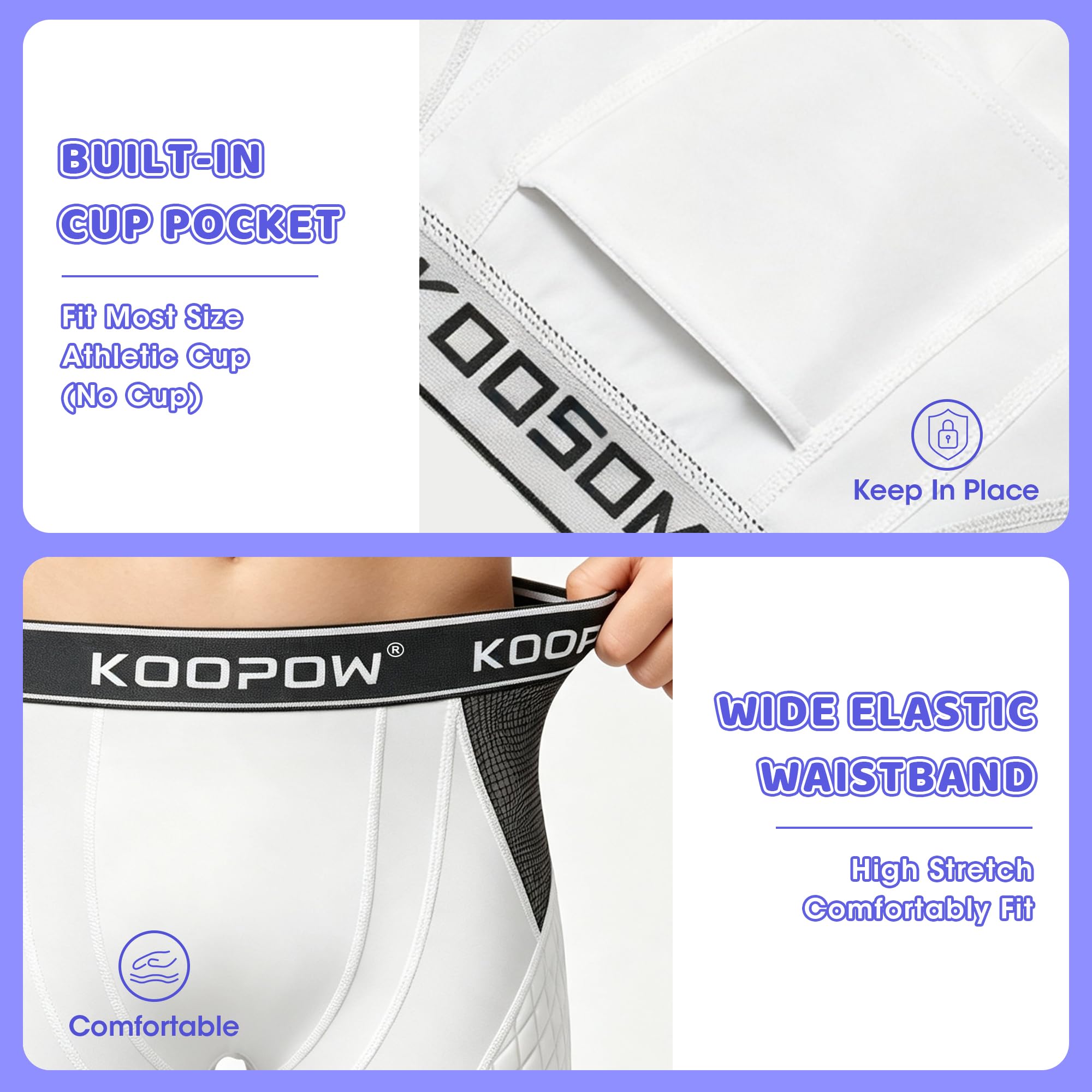 KOOPOW side profile waistband view showing wide elastic band for secure fit during play