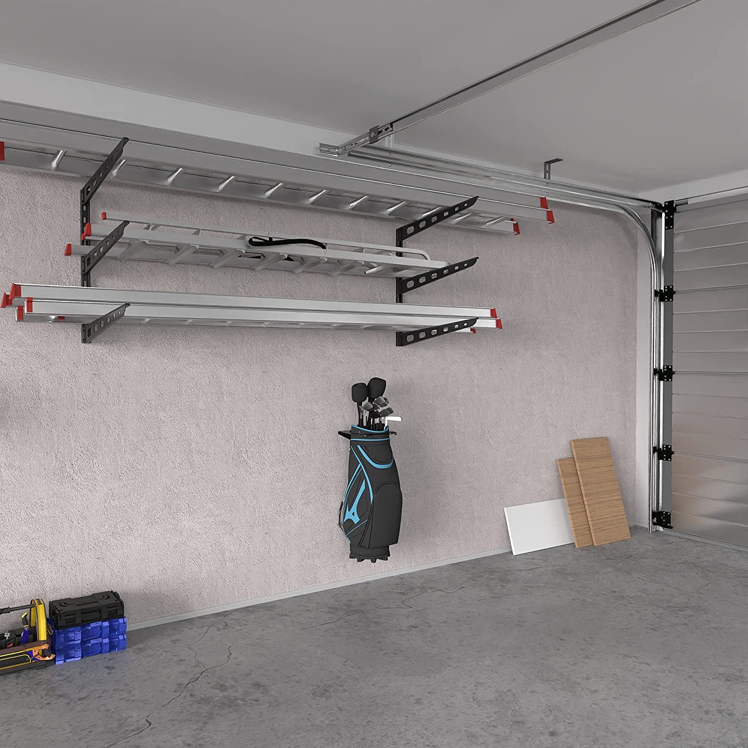 Koova in a tidy garage setting showing space-saving organization benefit