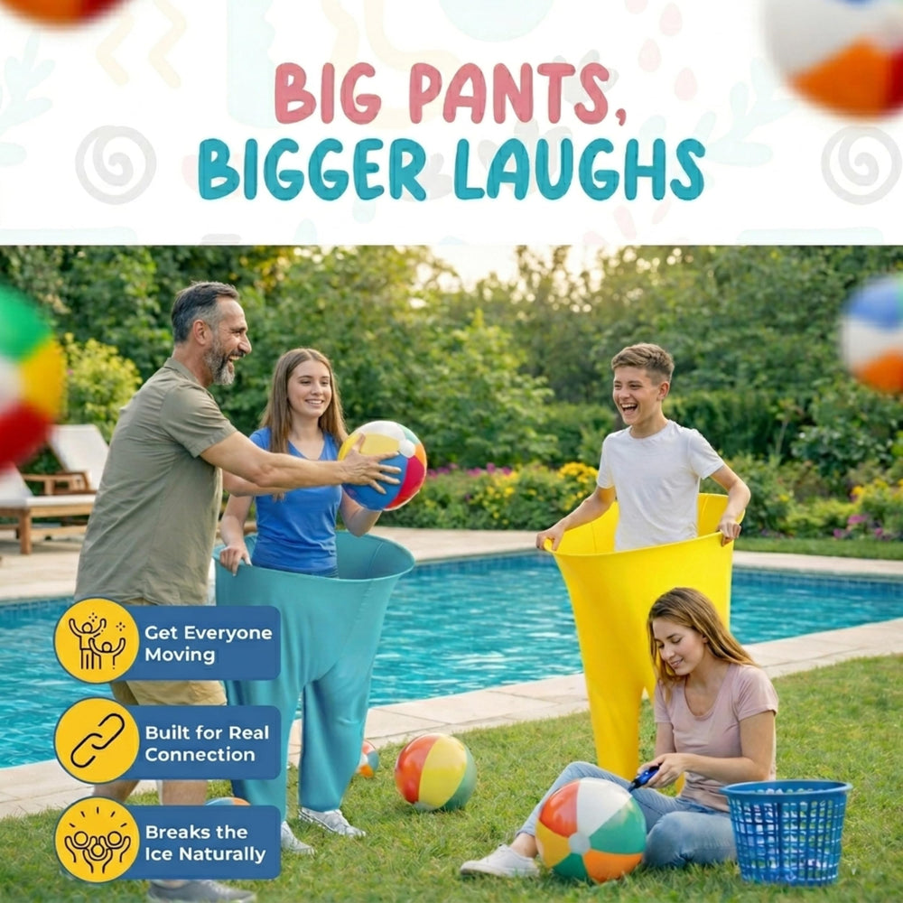 KORVIAN adult wearing blue oversized Granny Pants demonstrating easy movement