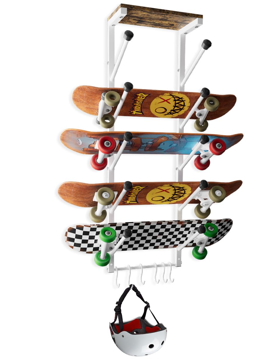 Koutemie front view of assembled rack showing tidy skateboard display and space savings