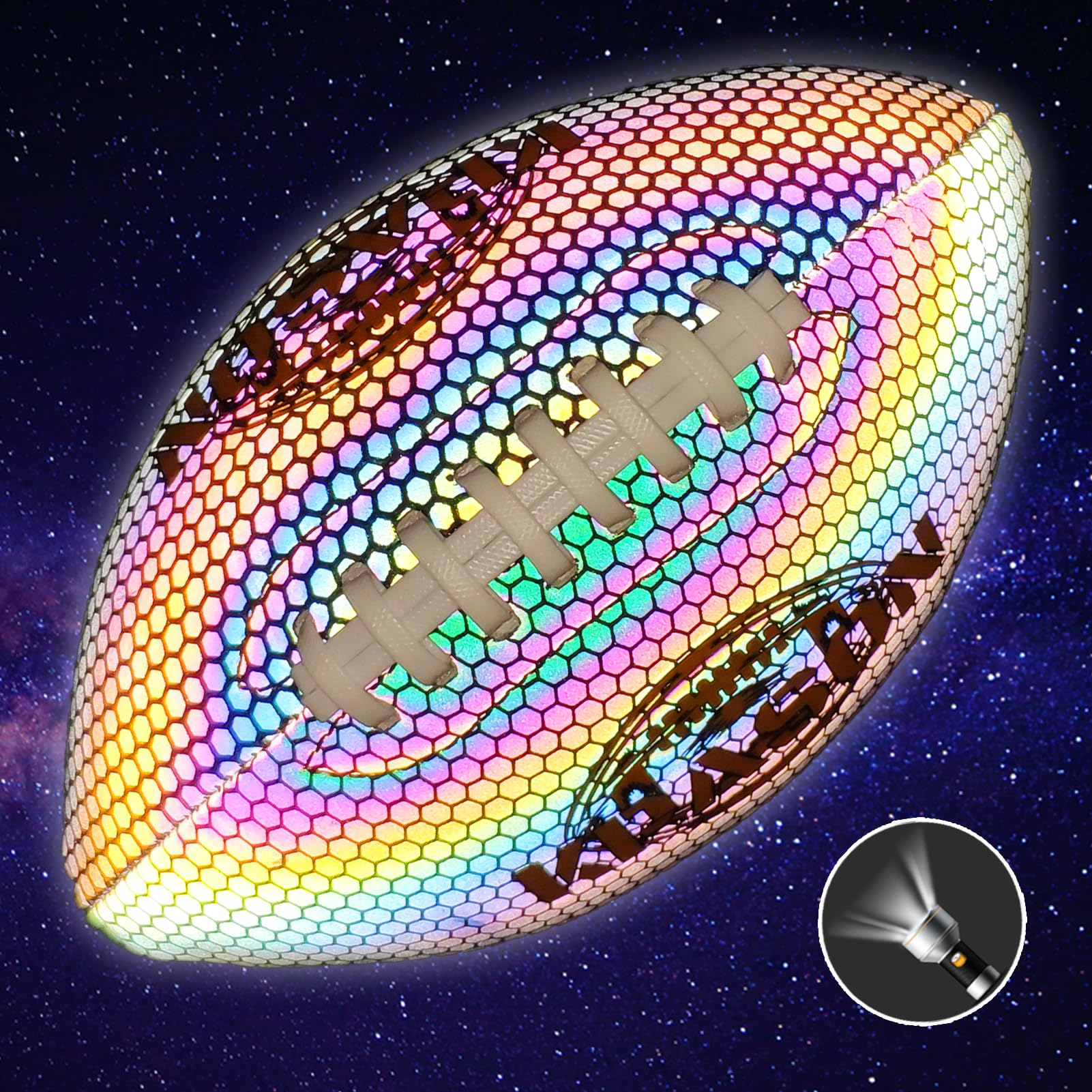 KPASON close-up of holographic PU texture highlighting bright reflective effect