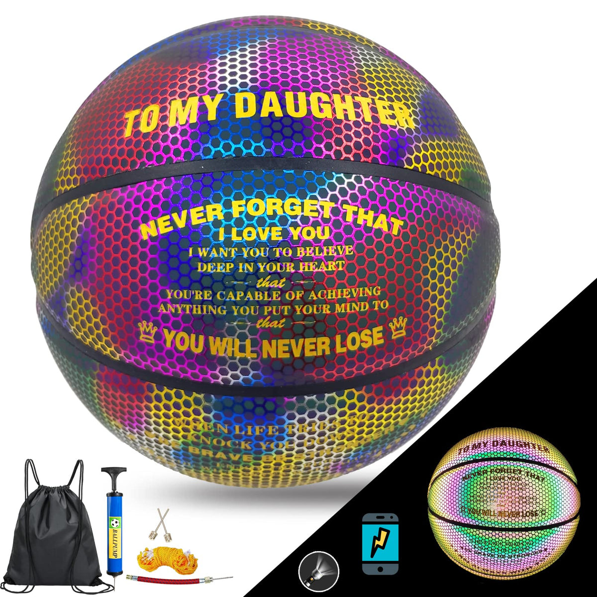KPASON front view holographic basketball showing reflective design and standout look