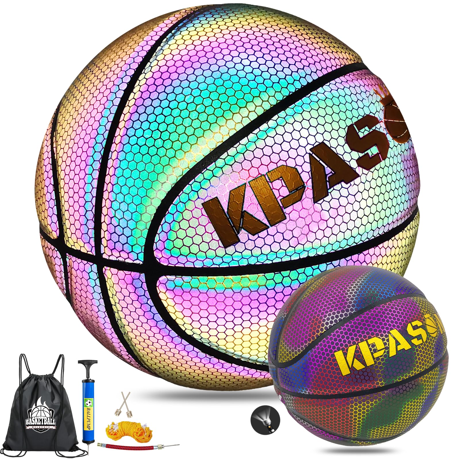 KPASON front view holographic basketball showing reflective finish and style benefit