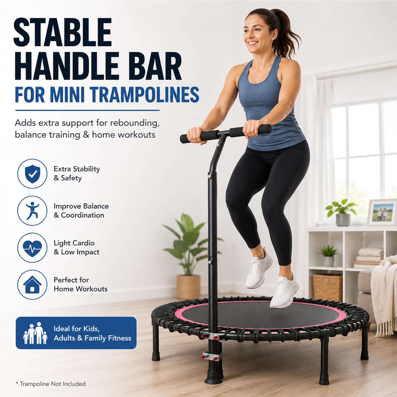 Kraoouis handlebar installed on a mini trampoline providing added stability