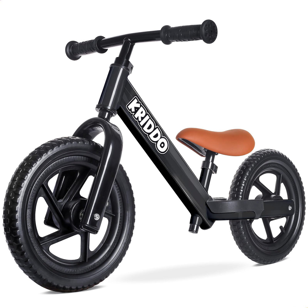 KRIDDO balance bike front view showing stable frame and easy mounting