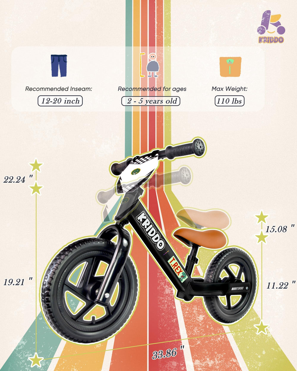 KRIDDO wheel and frame detail showing durable rust-resistant construction