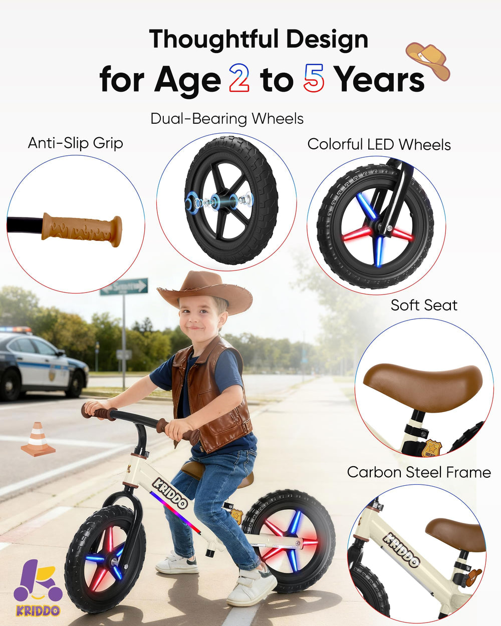 KRIDDO toddler riding outdoors on grass demonstrating safe, all-terrain use and fun