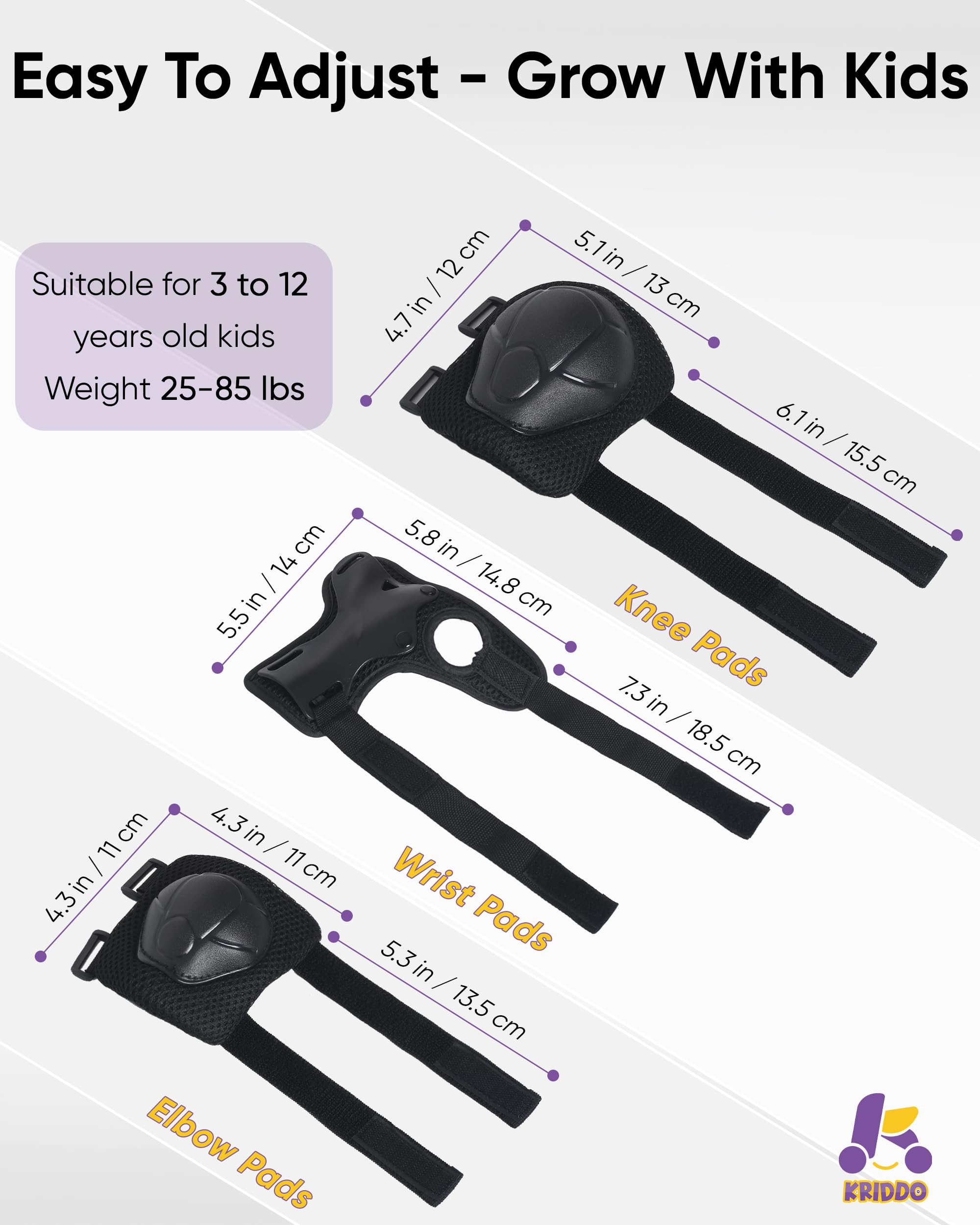 KRIDDO size comparison with child showing adjustable fit for ages 3–12