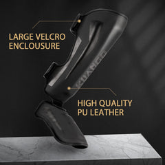 KUANG QUAN shin guards beside measuring tape showing size and coverage