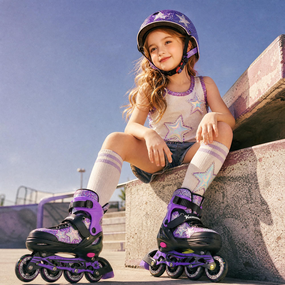 Kuxuan skates next to hand for scale showing adjustable fit advantage