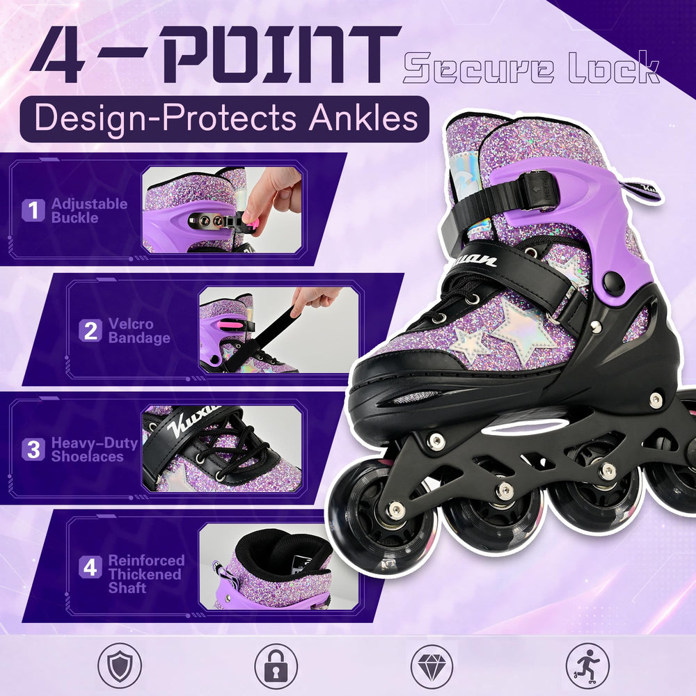 Kuxuan skates side sequin detail highlighting purple sparkle and visual appeal