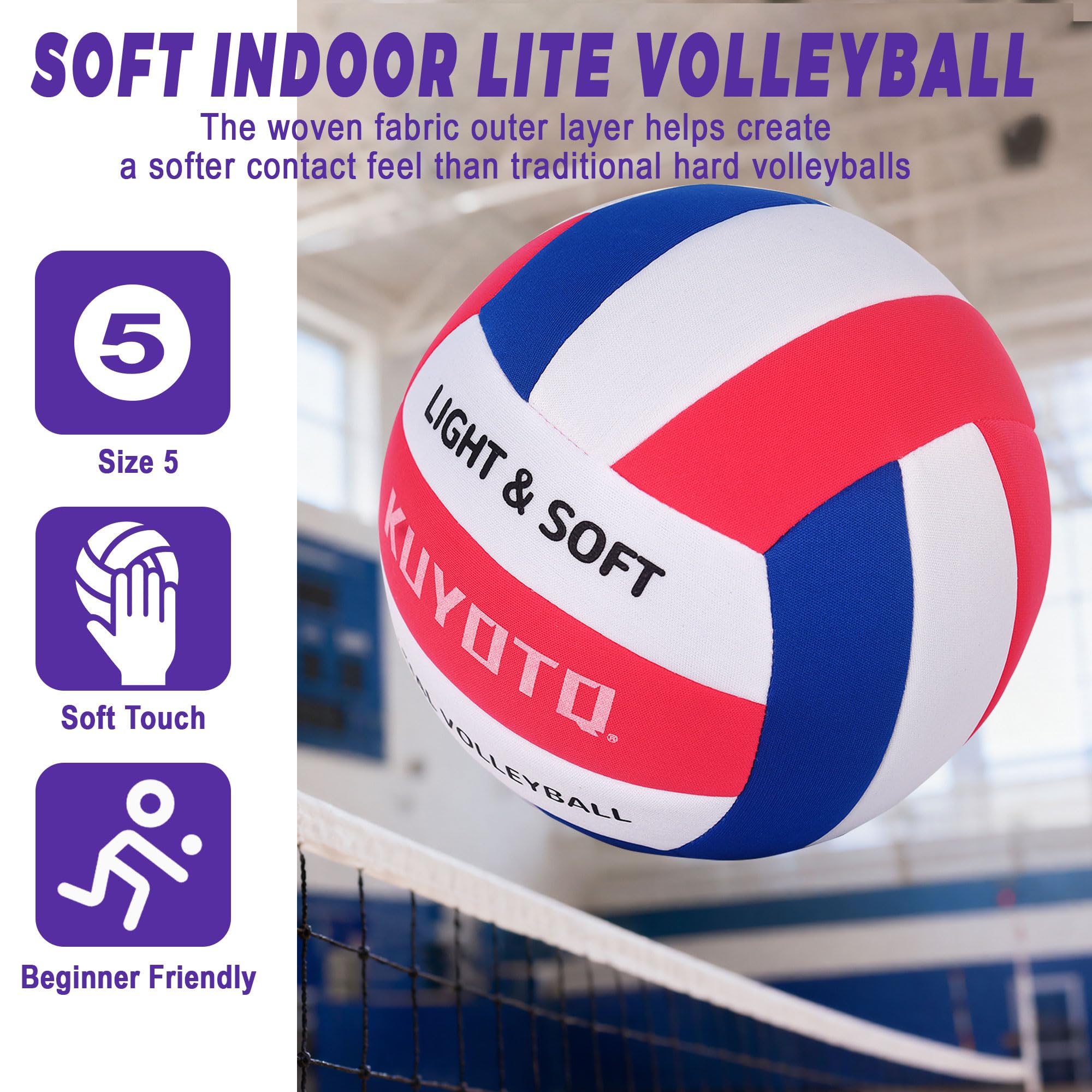 KUYOTQ inflated volleyball beside hand for scale showing lightweight ease of handling
