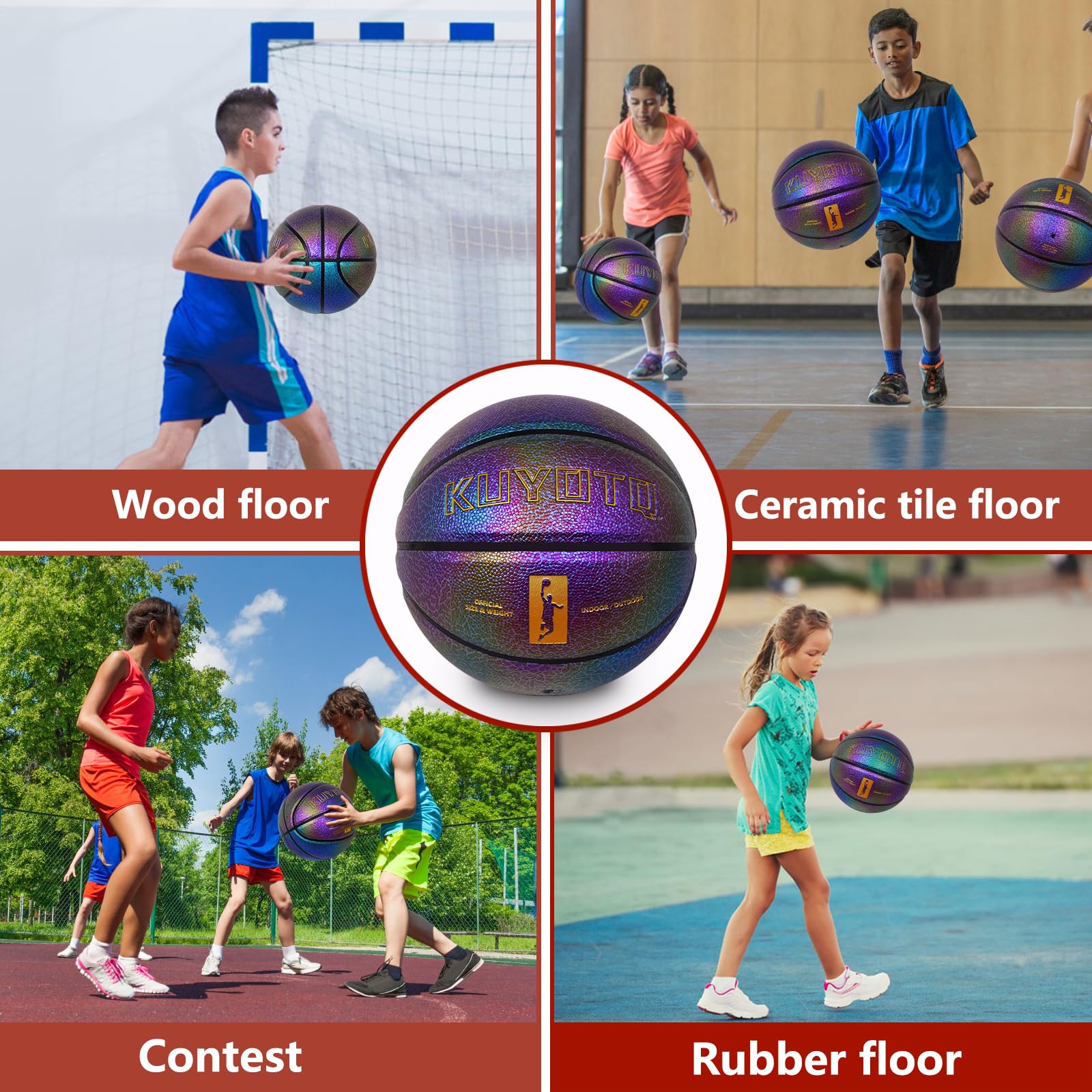 KUYOTQ basketball bouncing on outdoor court demonstrating durable playability