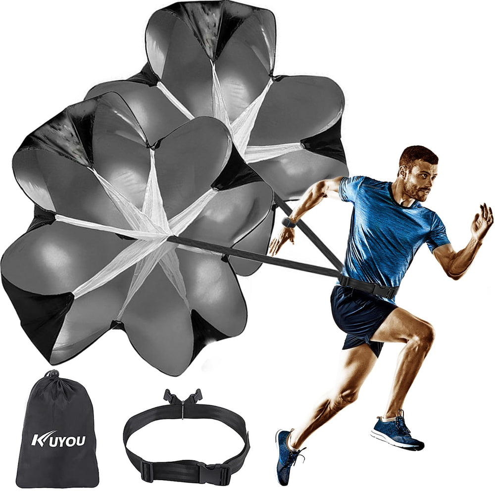 KUYOU front view of packaged 56-inch parachute showing canopy and belt for versatile resistance