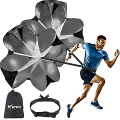 KUYOU front view of packaged 56-inch parachute showing canopy and belt for versatile resistance