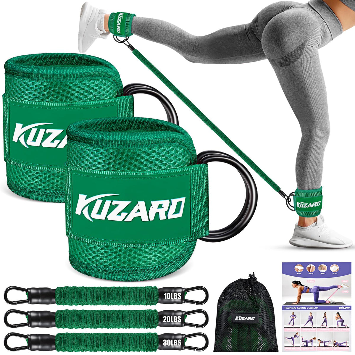 KUZARO front packaging showing full ankle band set and accessories for convenient workouts