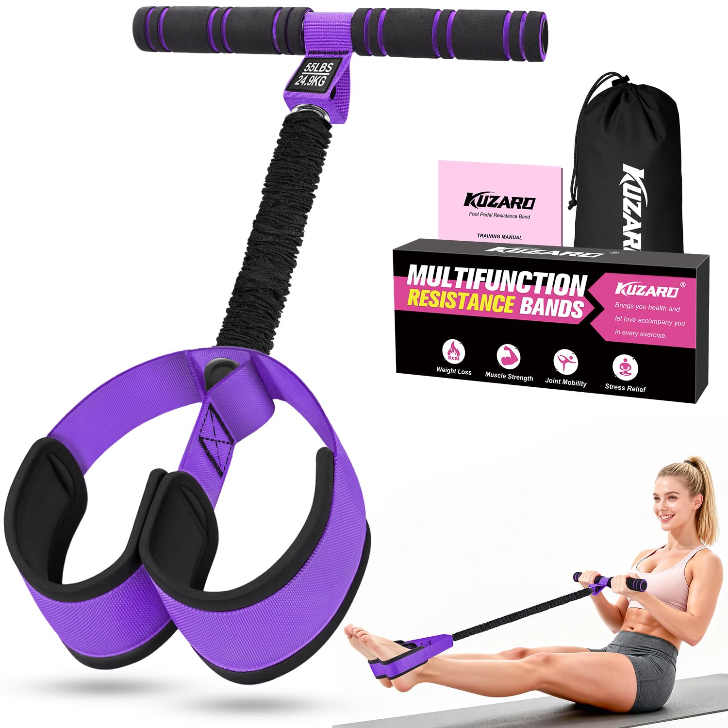 KUZARO front view of pedal resistance band showing purple one-piece design and ready-to-use benefit