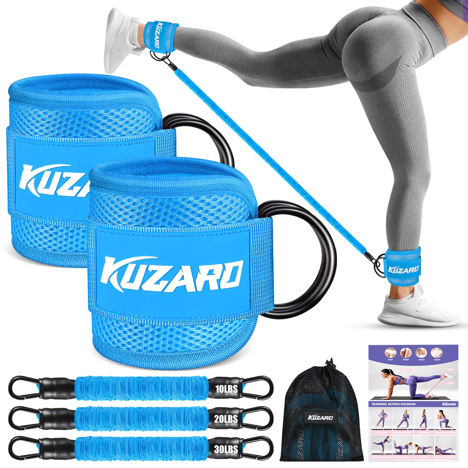 KUZARO front packaging showing full ankle band kit, highlights portability and resistance options