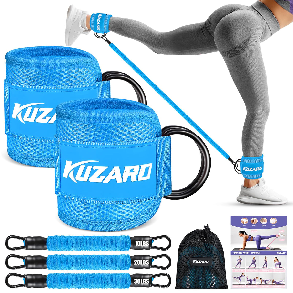 KUZARO front packaging showing full ankle band kit, highlights portability and resistance options