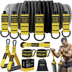 KUZARO front packaging showing full resistance band kit and portability benefits